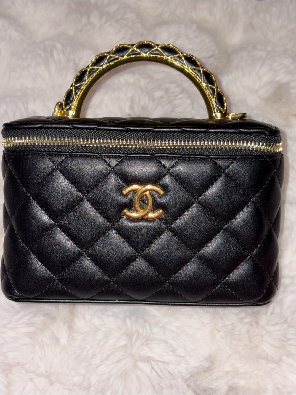Black Quilted Mini Vanity Bag with Gold Handle